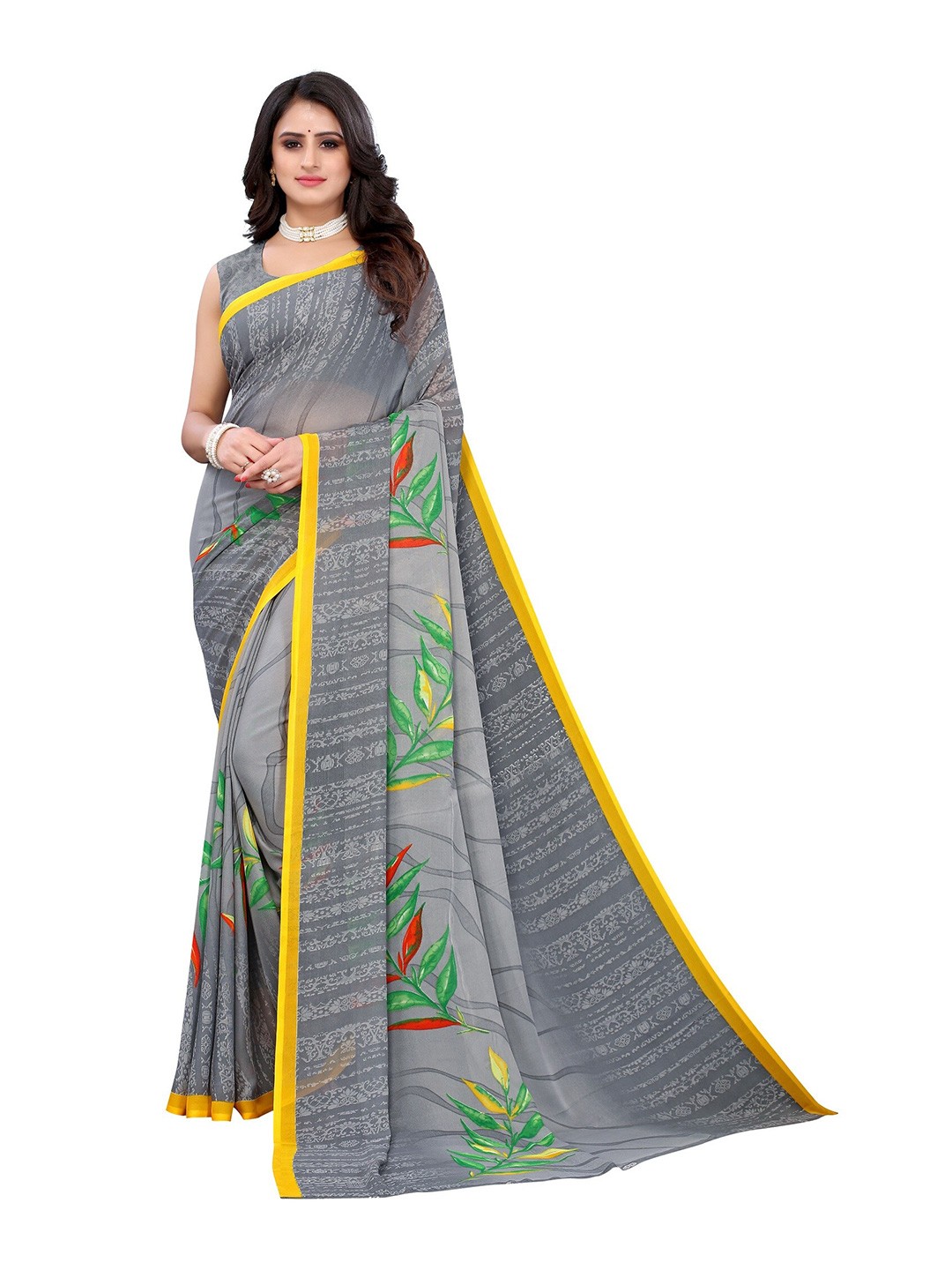 

Yashika Grey & Yellow Floral Printed Poly-Georgette Saree