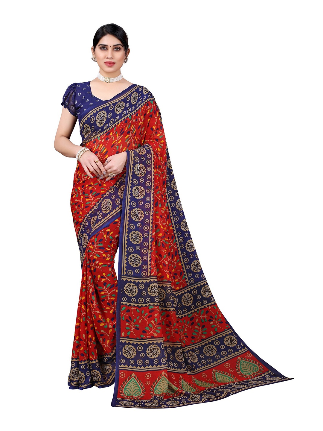 

Yashika Red & Green Ethnic Motifs Printed Saree