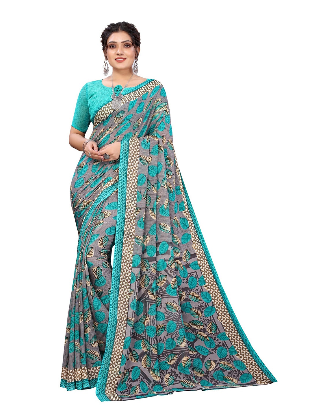 

Yashika Turquoise blue & Grey Printed Saree