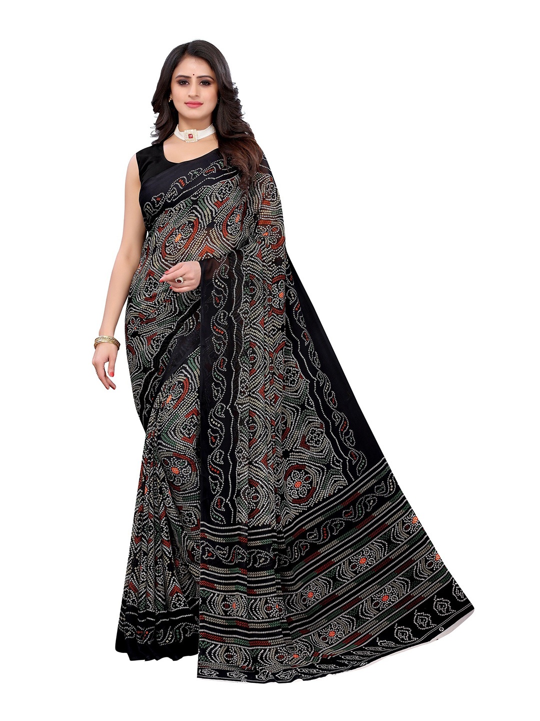 

Yashika Black & Maroon Bandhani Saree