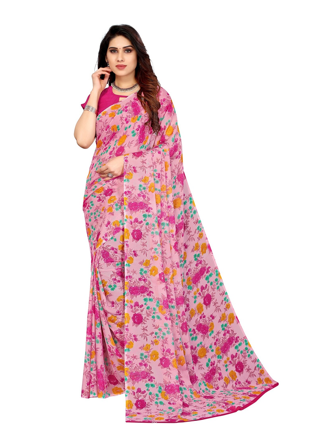 

Yashika Pink & Orange Floral Georgette Printed Saree