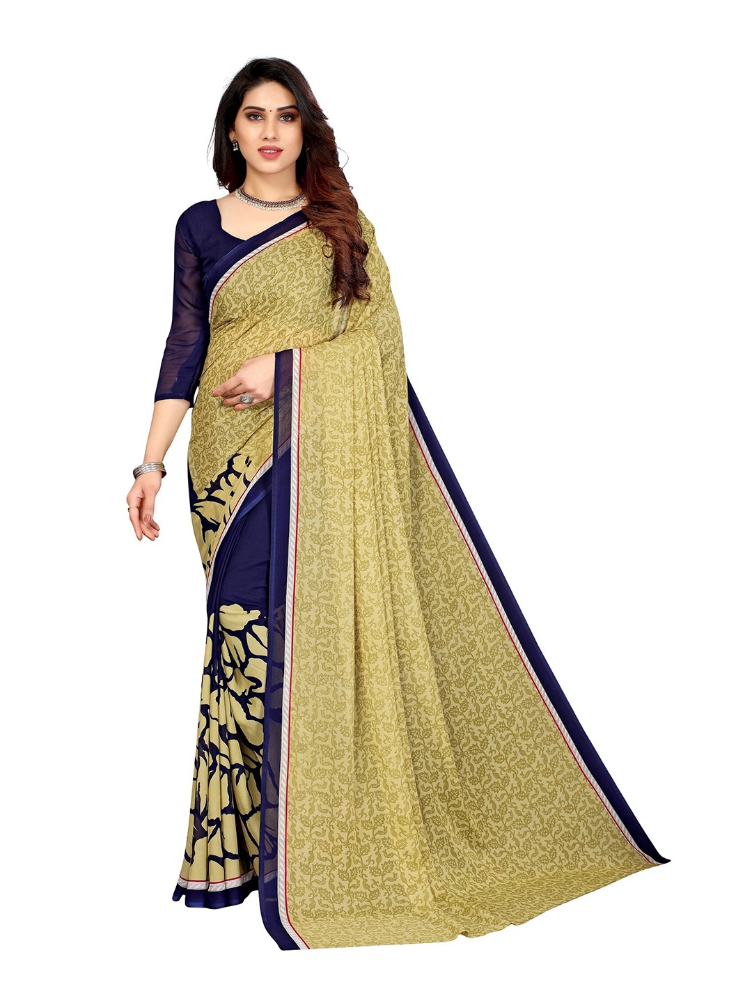 

Yashika Navy Blue & Mustard Floral Half and Half Saree