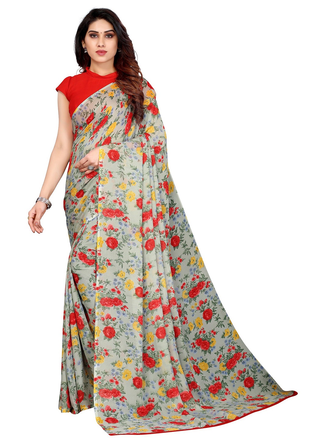 

Yashika Green & Red Floral Printed Poly Georgette Saree