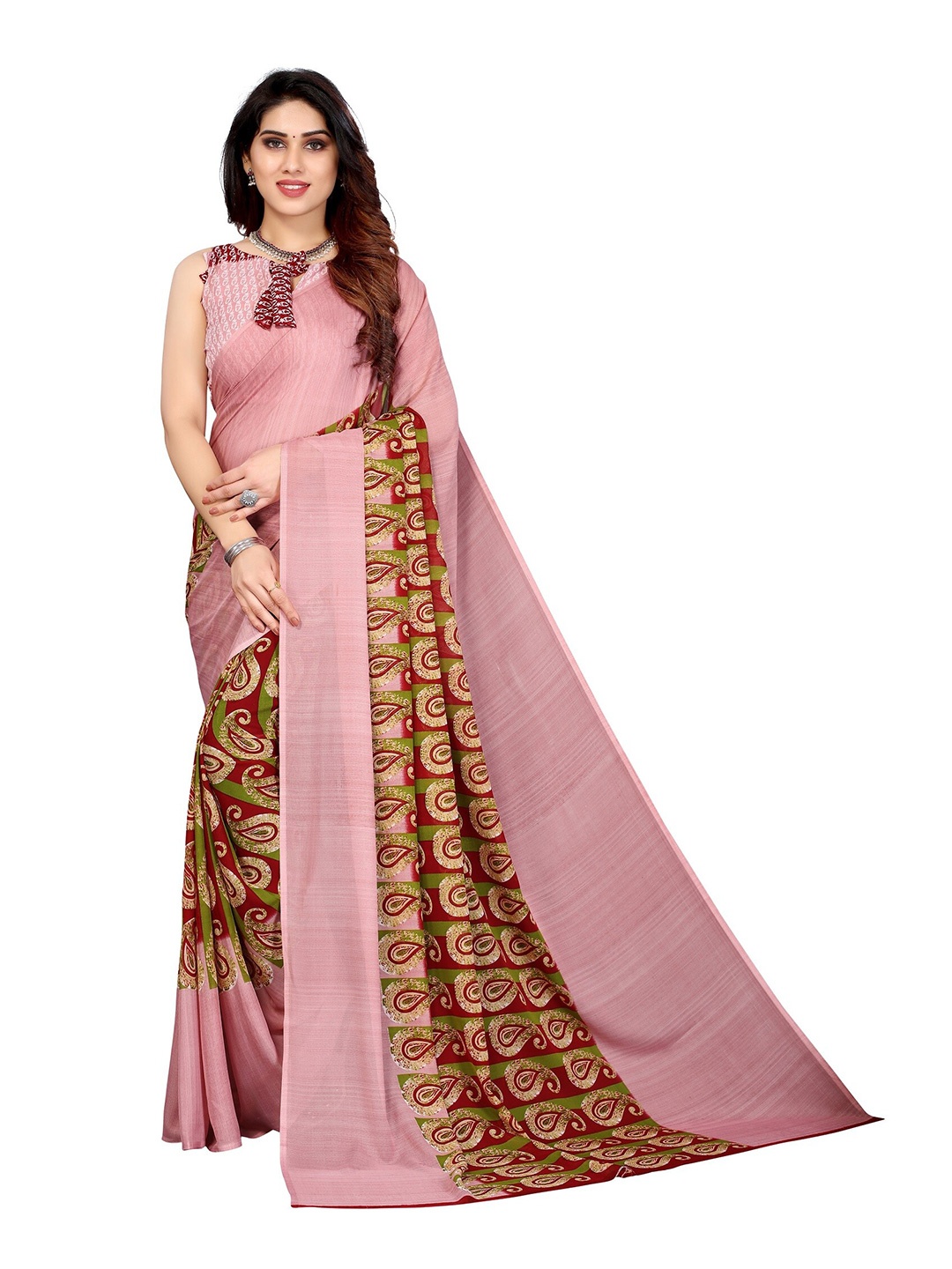 

Yashika Green & Gold-Toned Ethnic Motifs Georgette Printed Saree
