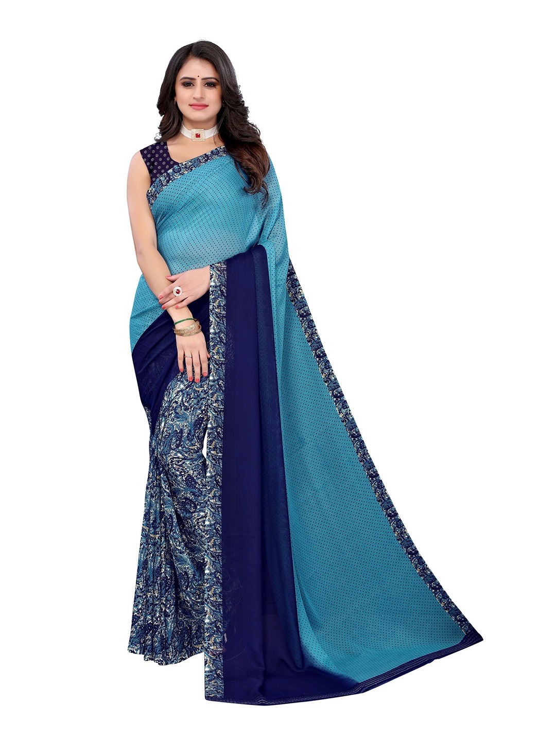 

Yashika Navy Blue & White Floral Printed Poly-Georgette Saree