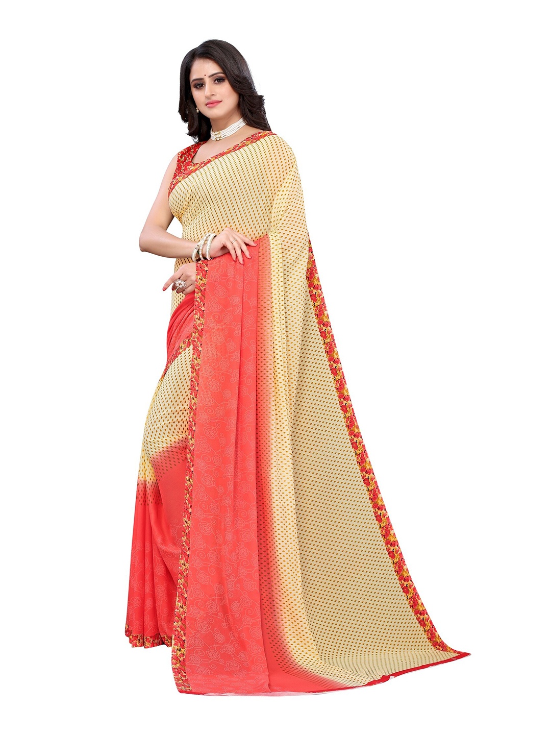 

Yashika Red & Cream-Coloured Floral Printed Saree