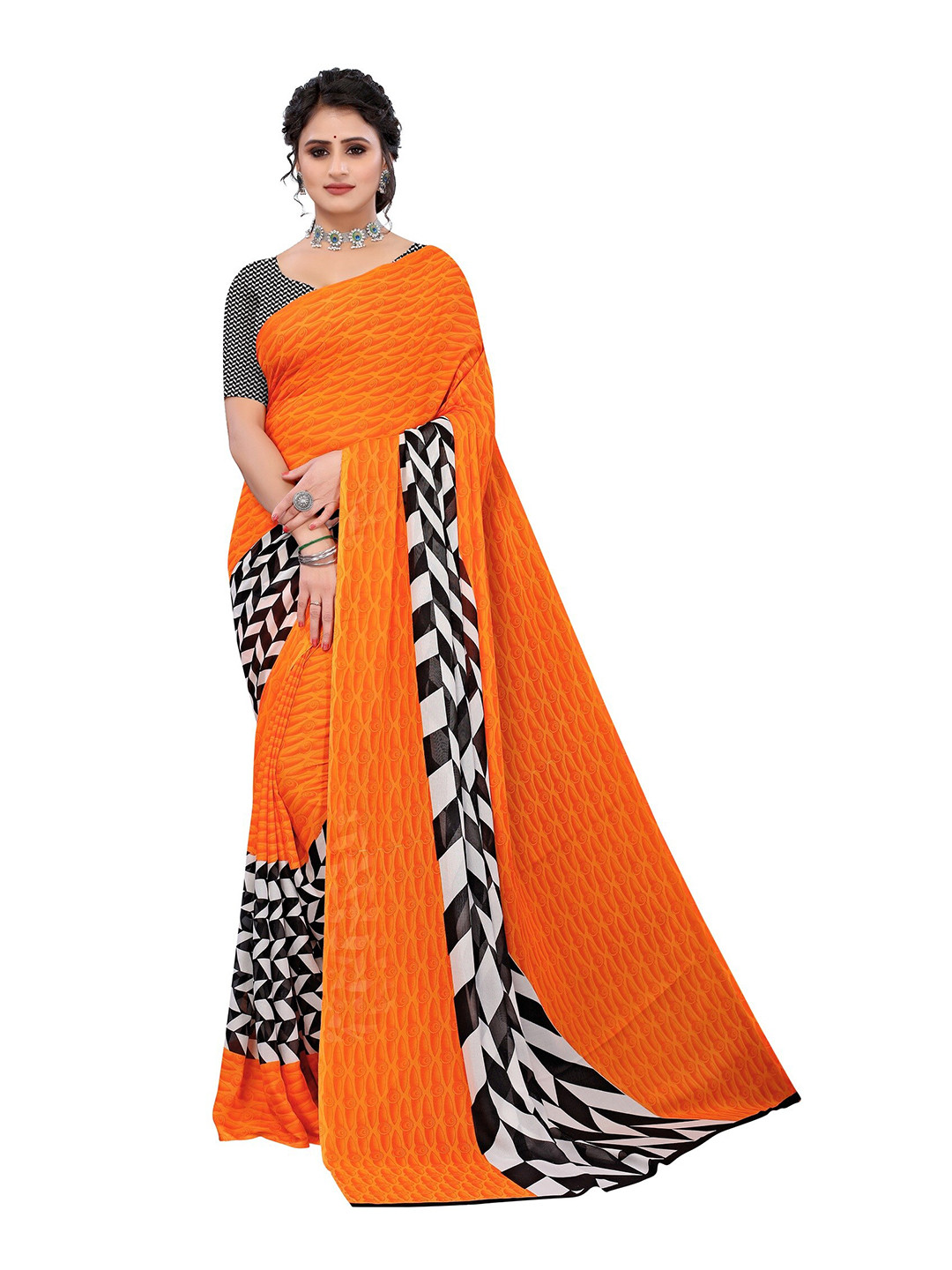 

Yashika Orange & Navy Blue Printed Saree