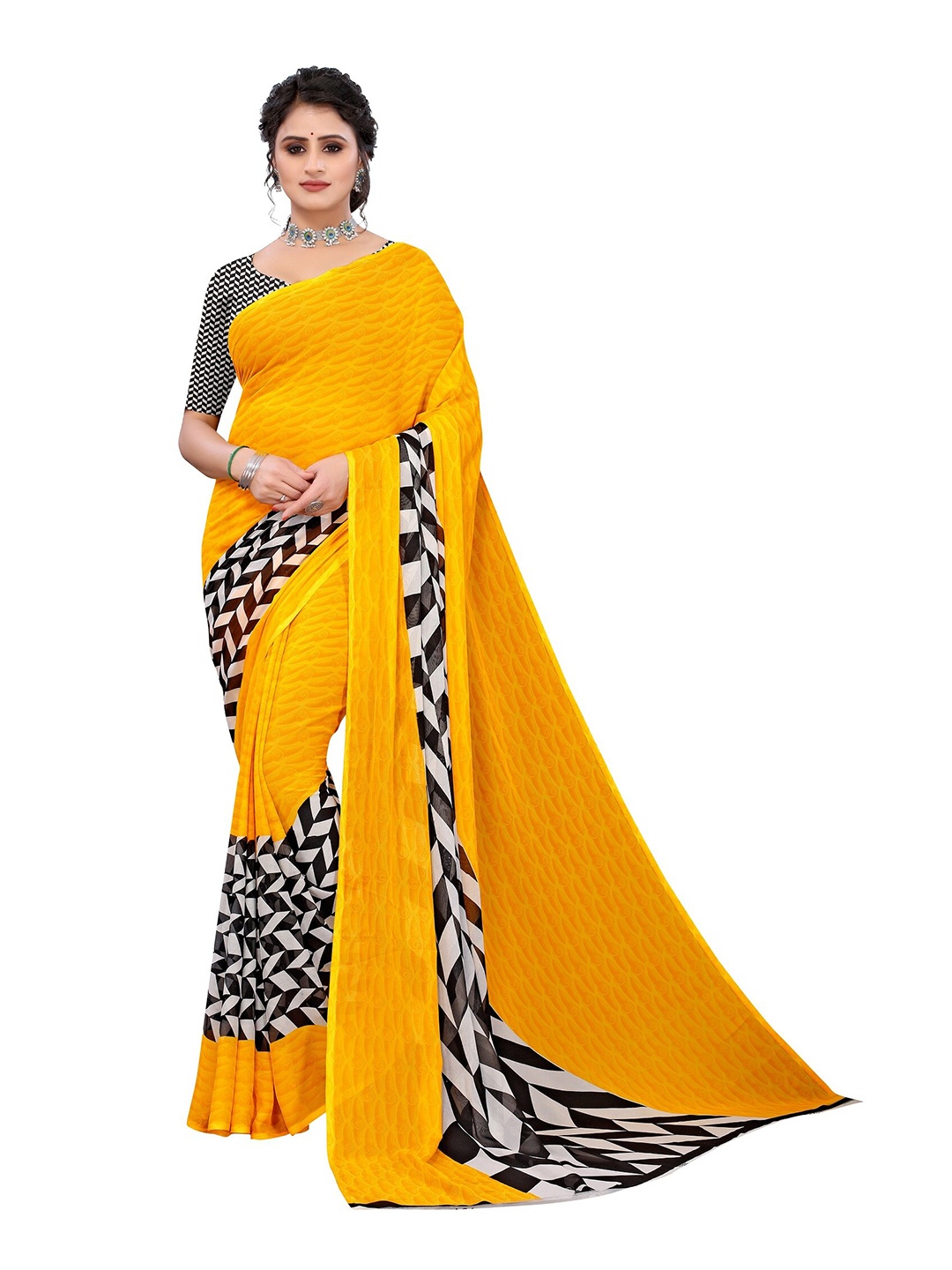 

Yashika Yellow & White Geometric Printed Poly Georgette Saree