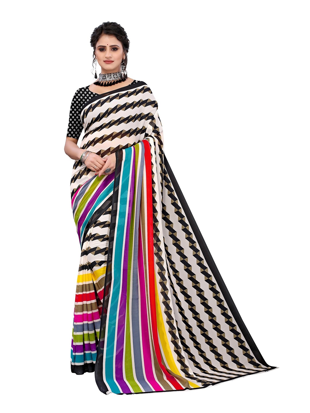 

Yashika White & Red Striped Georgette Printed Saree