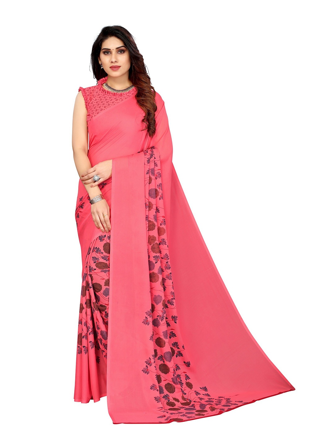 

Yashika Peach-Coloured & Grey Floral Printed Poly-Georgette Saree