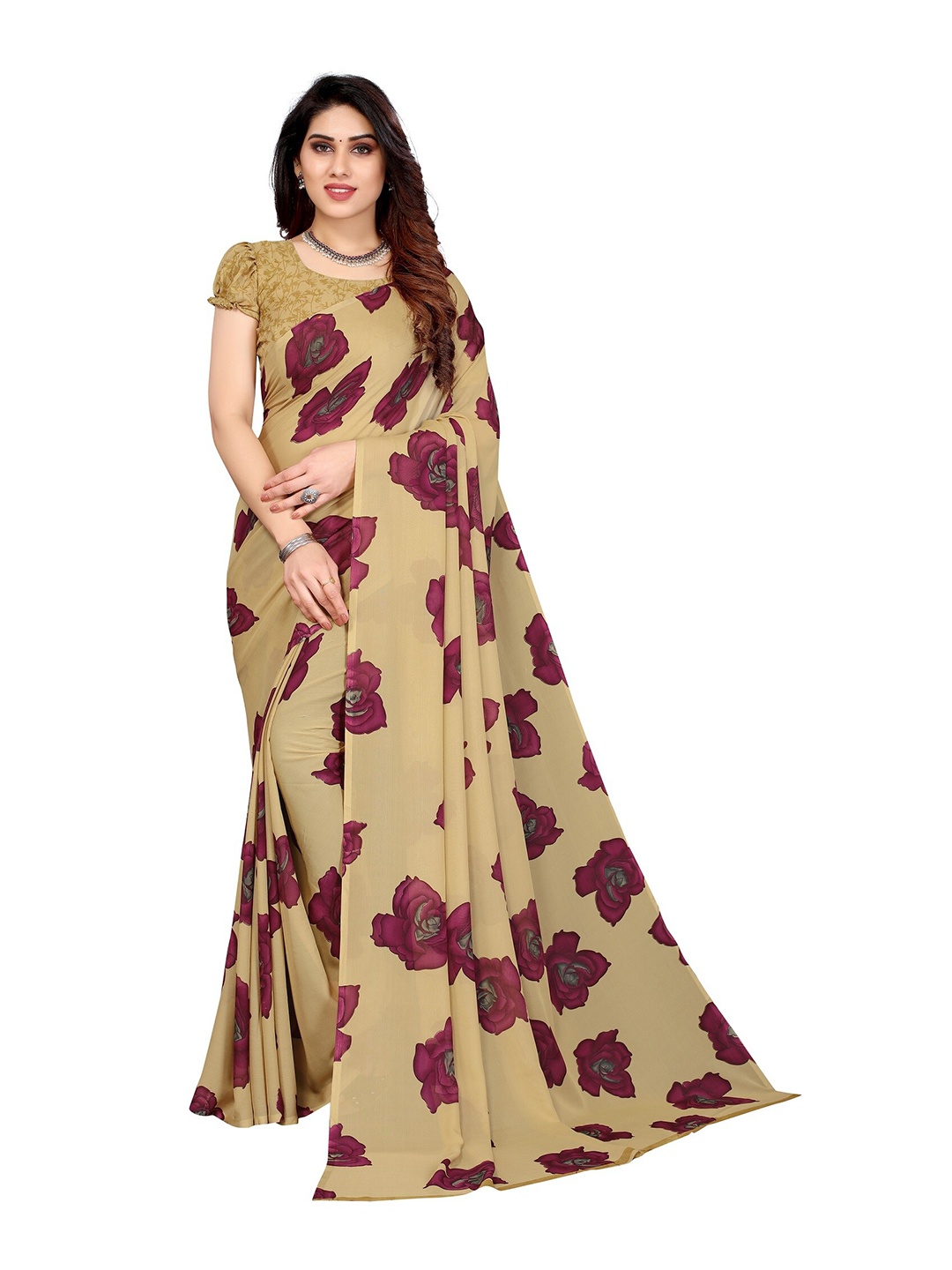 

Yashika Cream-Coloured & Pink Floral Printed Saree
