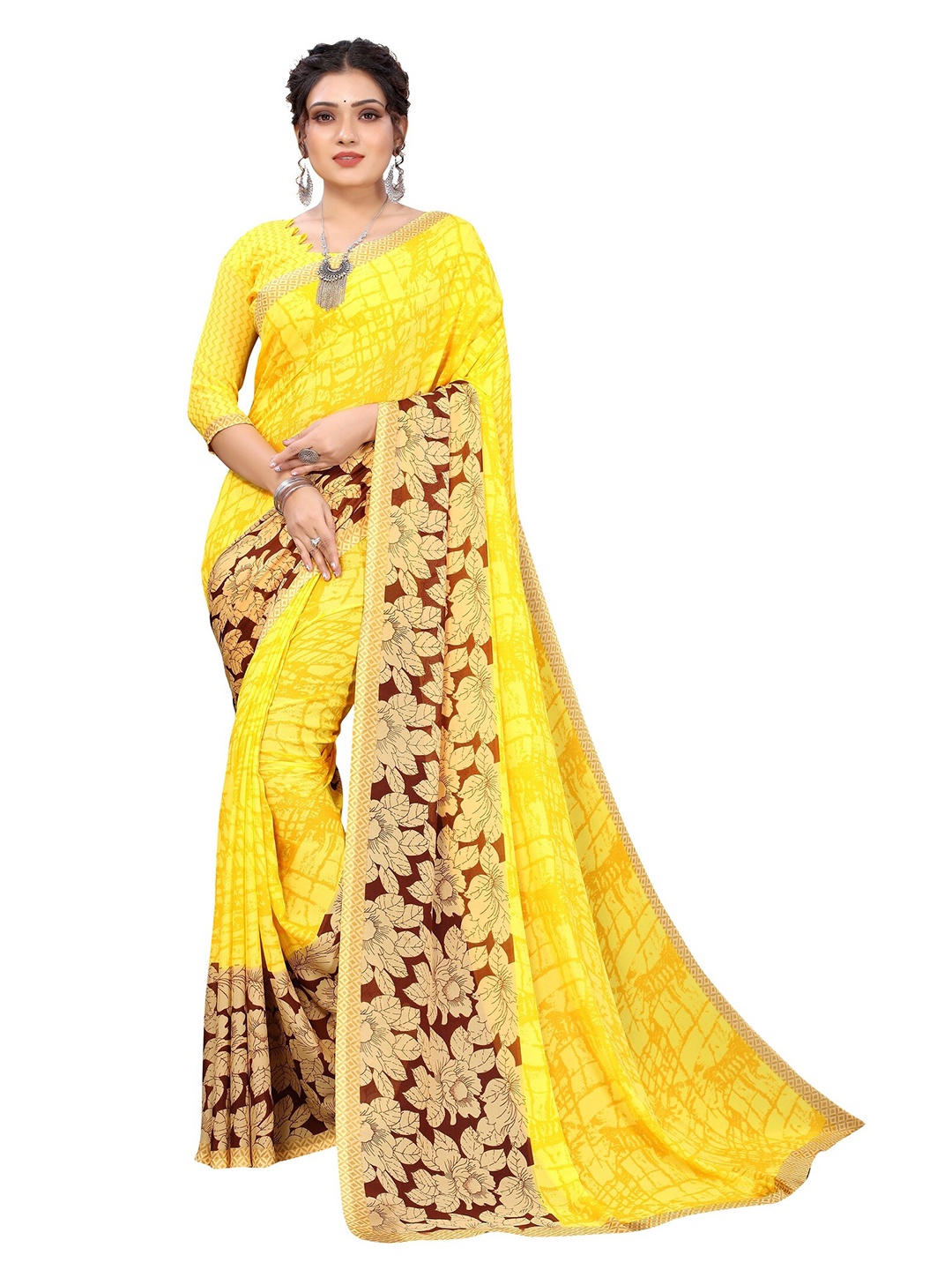 

Yashika Yellow & Cream-Coloured Floral Printed Saree