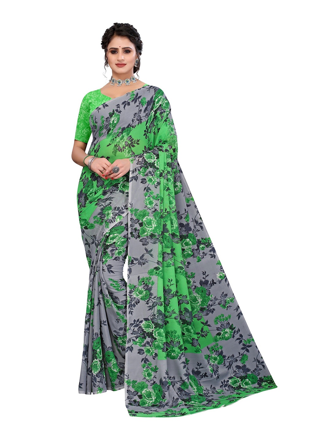 

Yashika Green & Grey Floral Saree