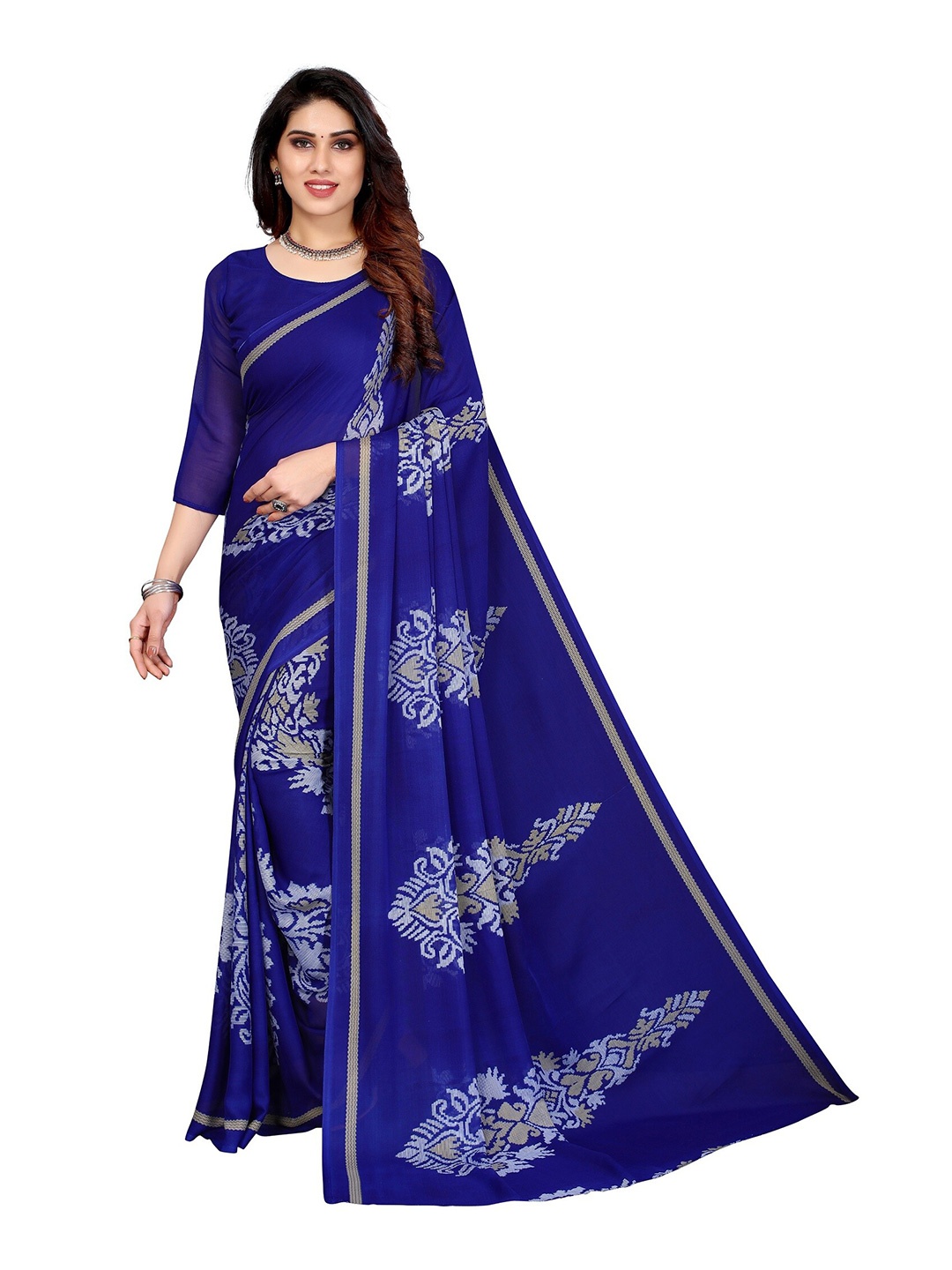 

Yashika Navy Blue & White Ethnic Motifs Saree