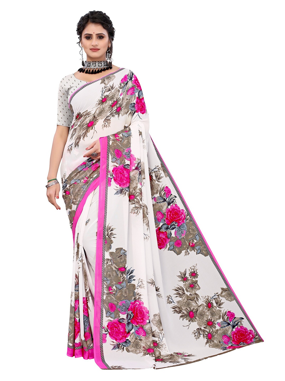 

Yashika Pink & White Floral Printed Saree
