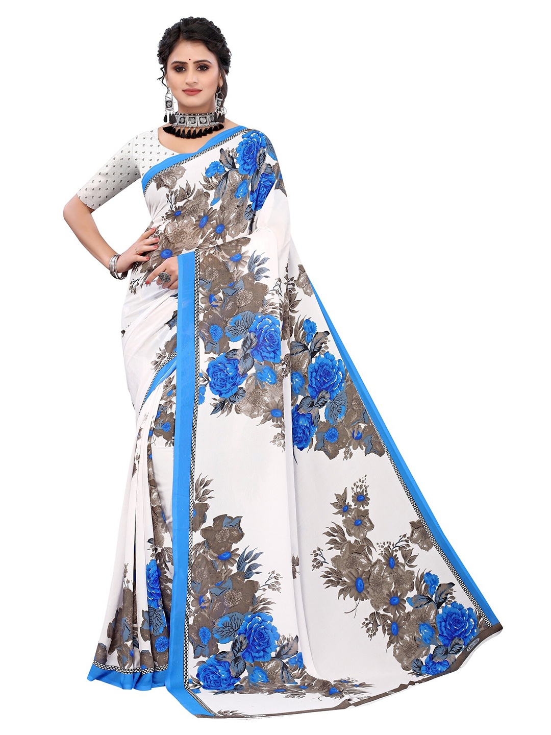 

Yashika White & Blue Floral Printed Poly Georgette Saree