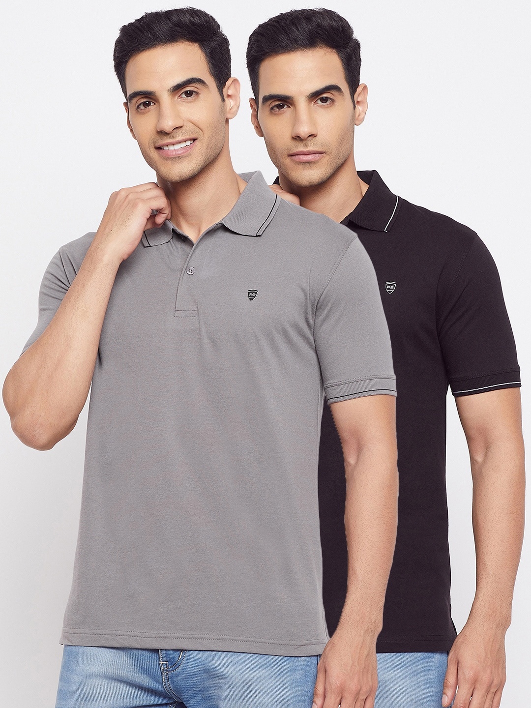 

Okane Men Black & Grey Pack of 2 Polo Collar Cotton T-shirt