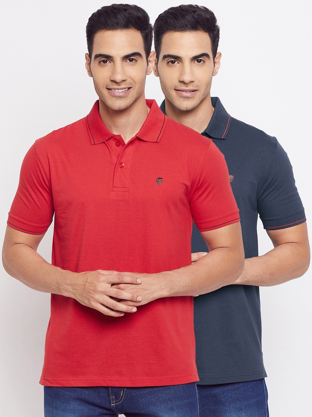 

Okane Men Red & Navy Blue Set Of 2 Polo Collar Cotton T-shirt