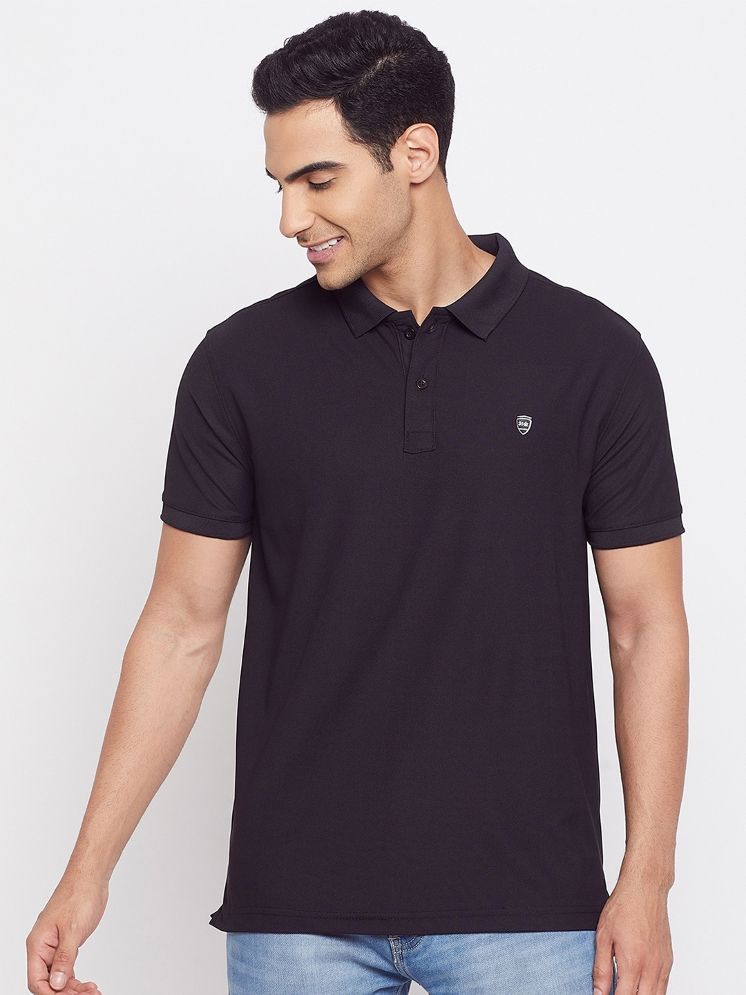 

Okane Men Black Polo Collar Cotton T-shirt