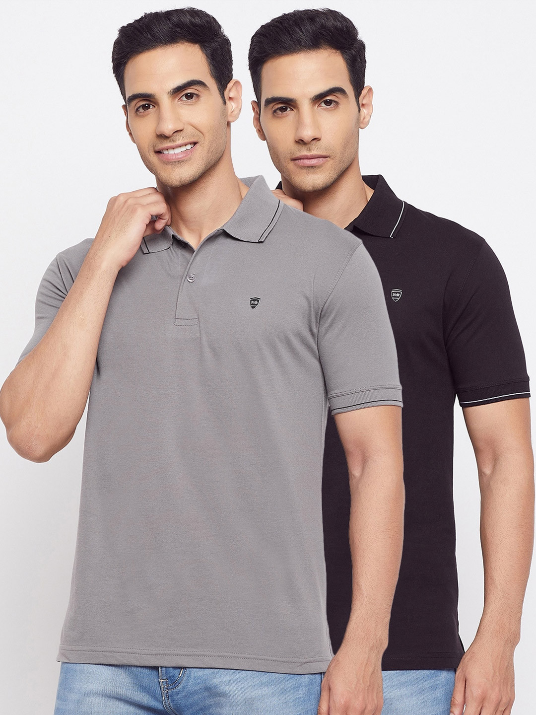 

Okane Men Black & Grey Pack of 2 Polo Collar Cotton T-shirt