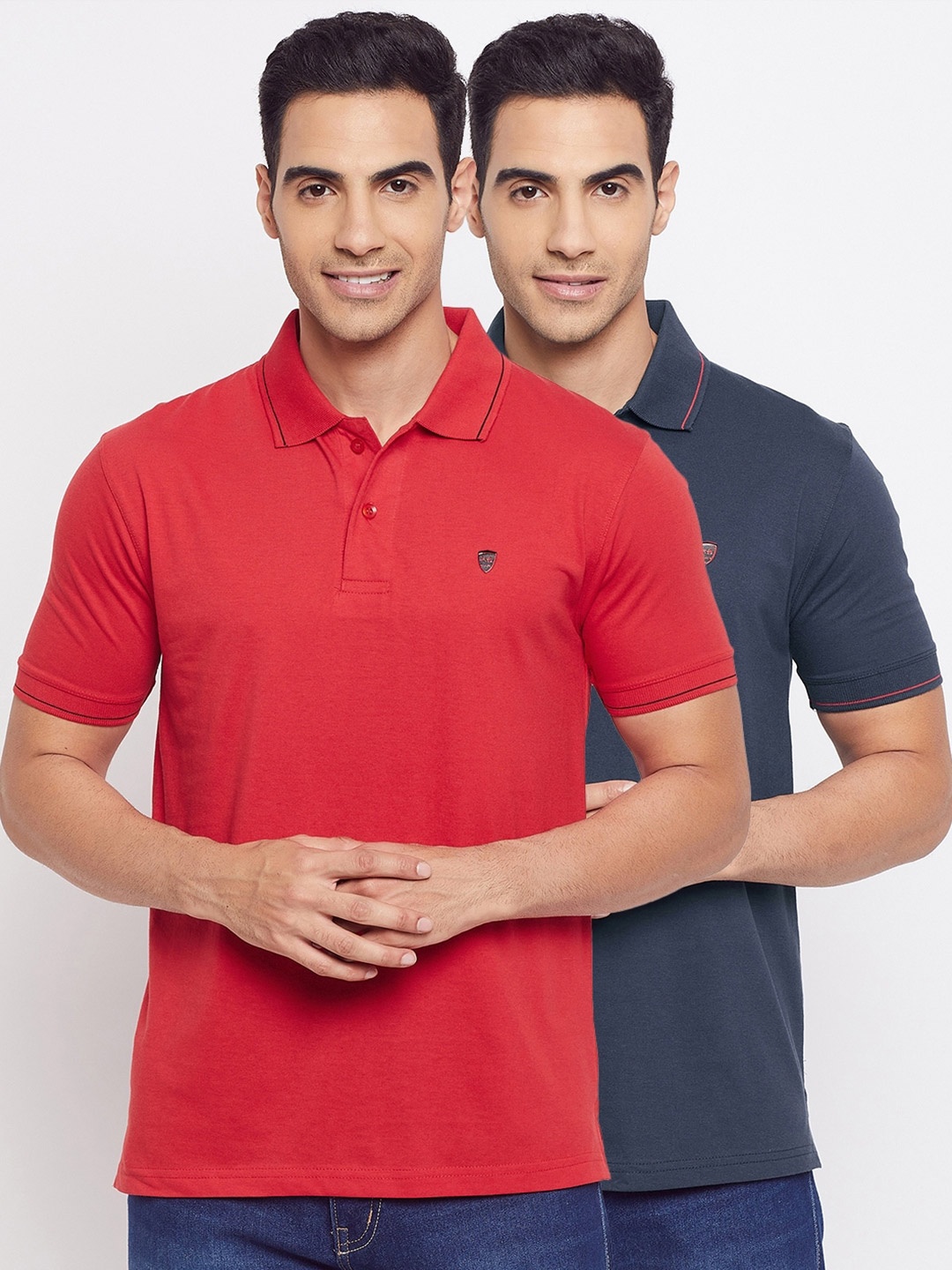 

Okane Men Red & Navy Blue Pack of 2 Polo Collar Cotton T-shirt