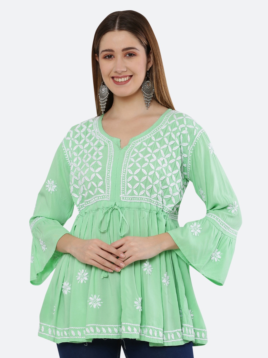 

FAWOMENT Green & White Linen Embroidered Tunic