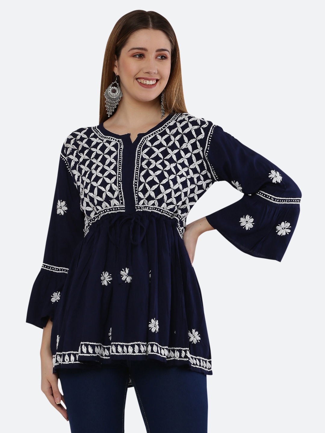 

FAWOMENT Navy Blue & White Linen Chikankari Embroidered Tunic