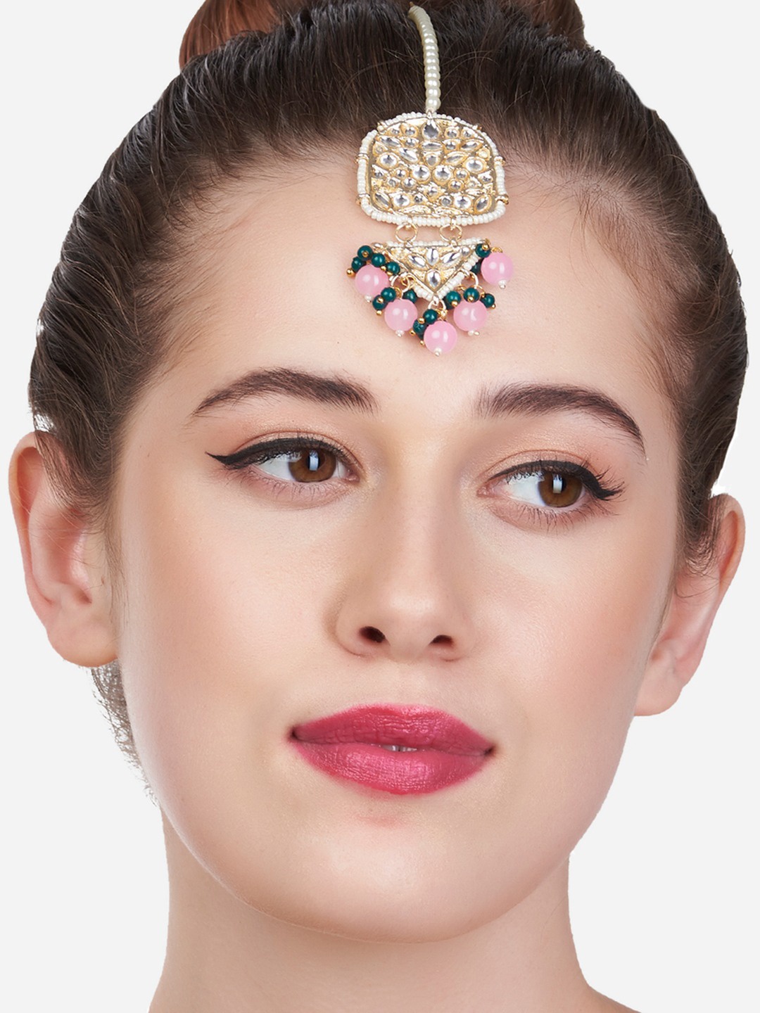 

Zaveri Pearls Gold-Plated Pink AD-Studded Maang Tikka