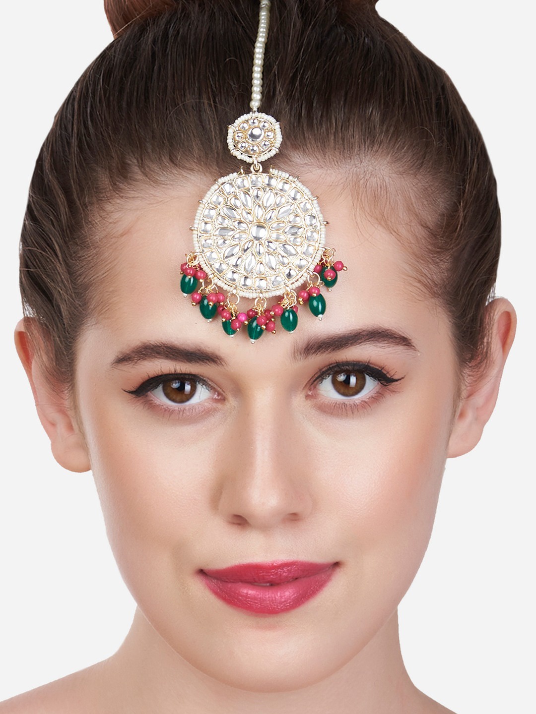 

Zaveri Pearls Gold Plated Green & Pink Stone-Studded & Beaded Maangtikka