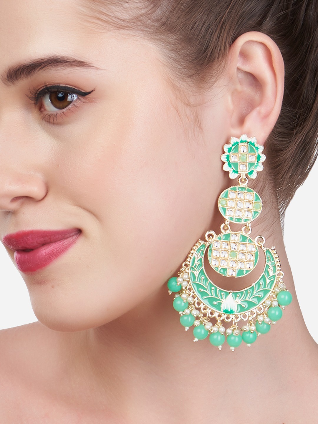 

Zaveri Pearls Green Meenakari Chandbalis Earrings