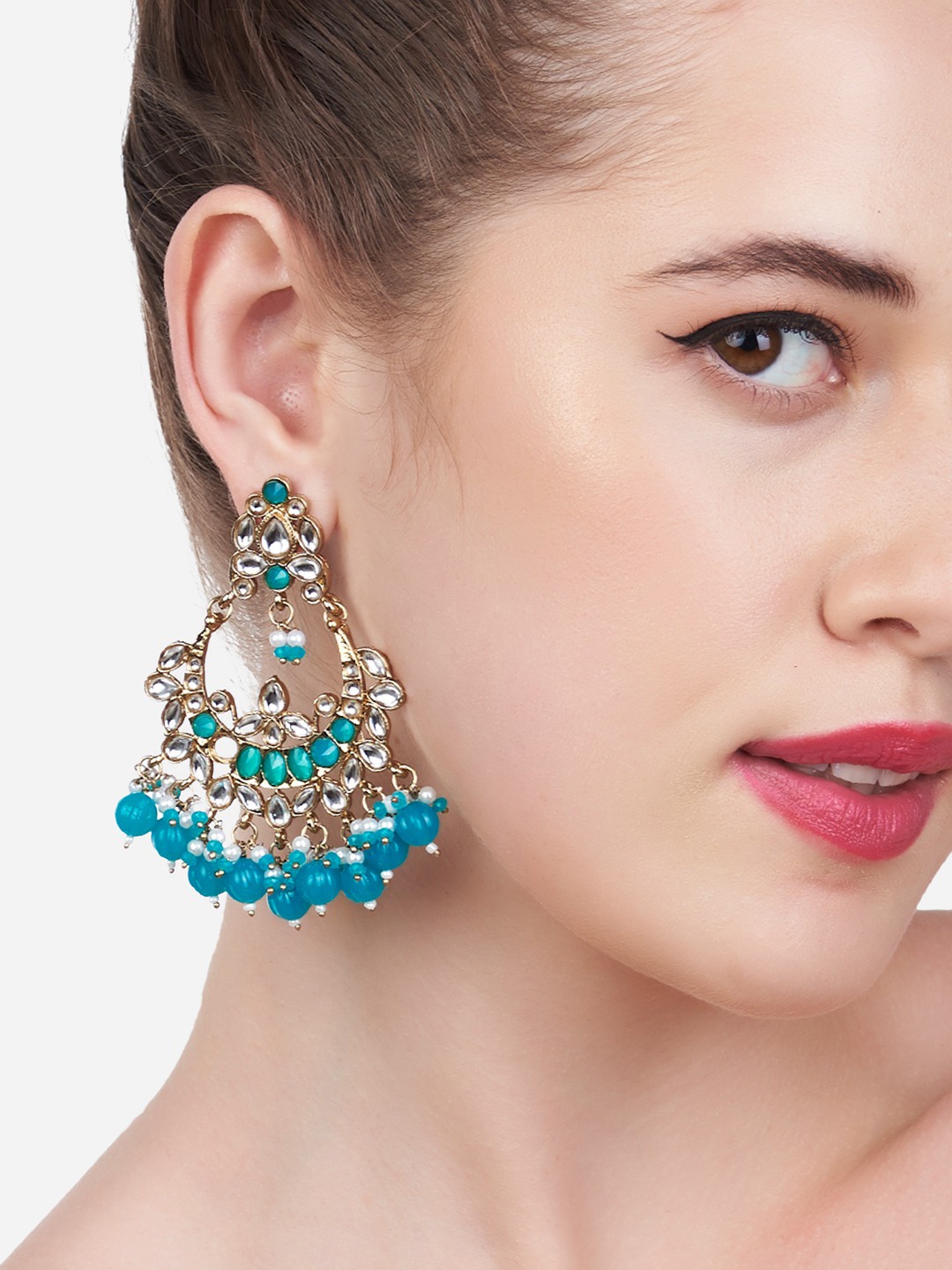 

Zaveri Pearls Blue Kundan Studded Chandbalis Earrings
