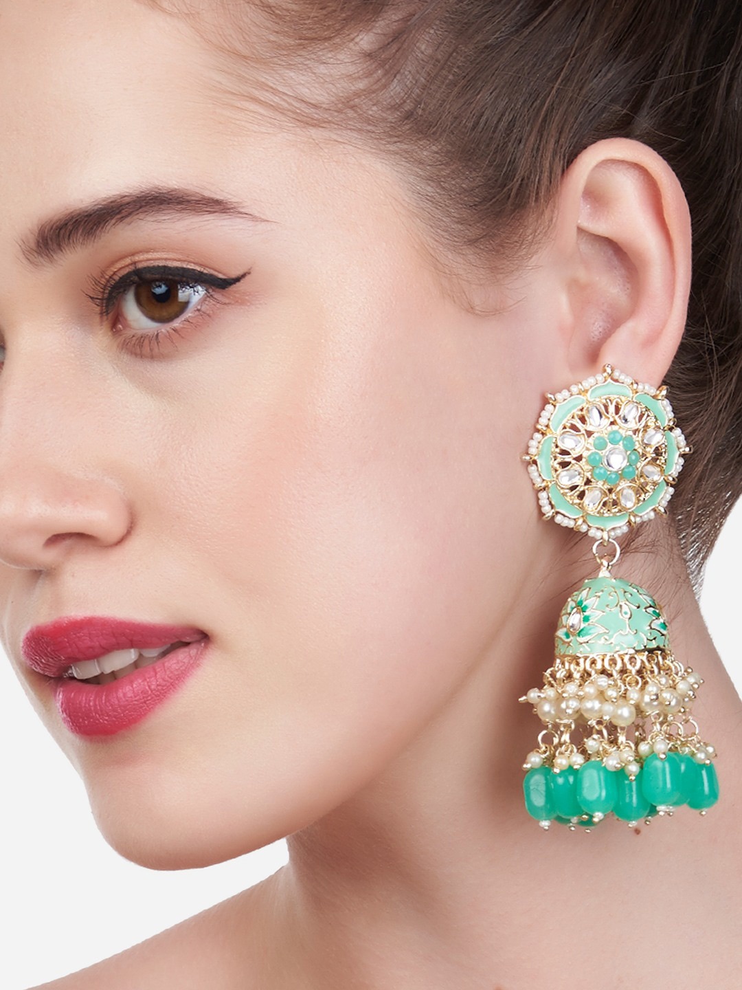 

Zaveri Pearls Green Meenakari Jhumkas