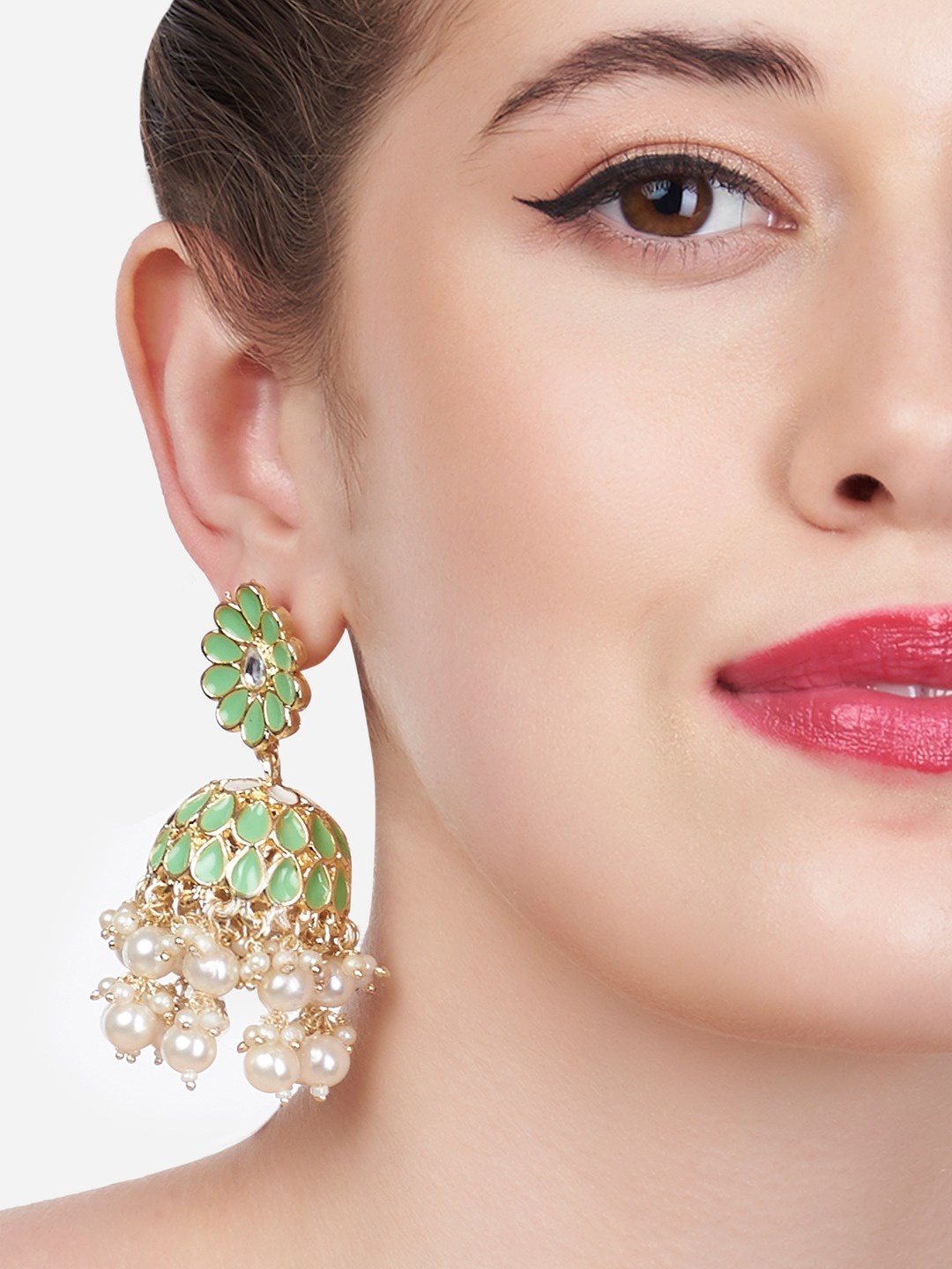

Zaveri Pearls Green Meenakari Jhumkas Earrings