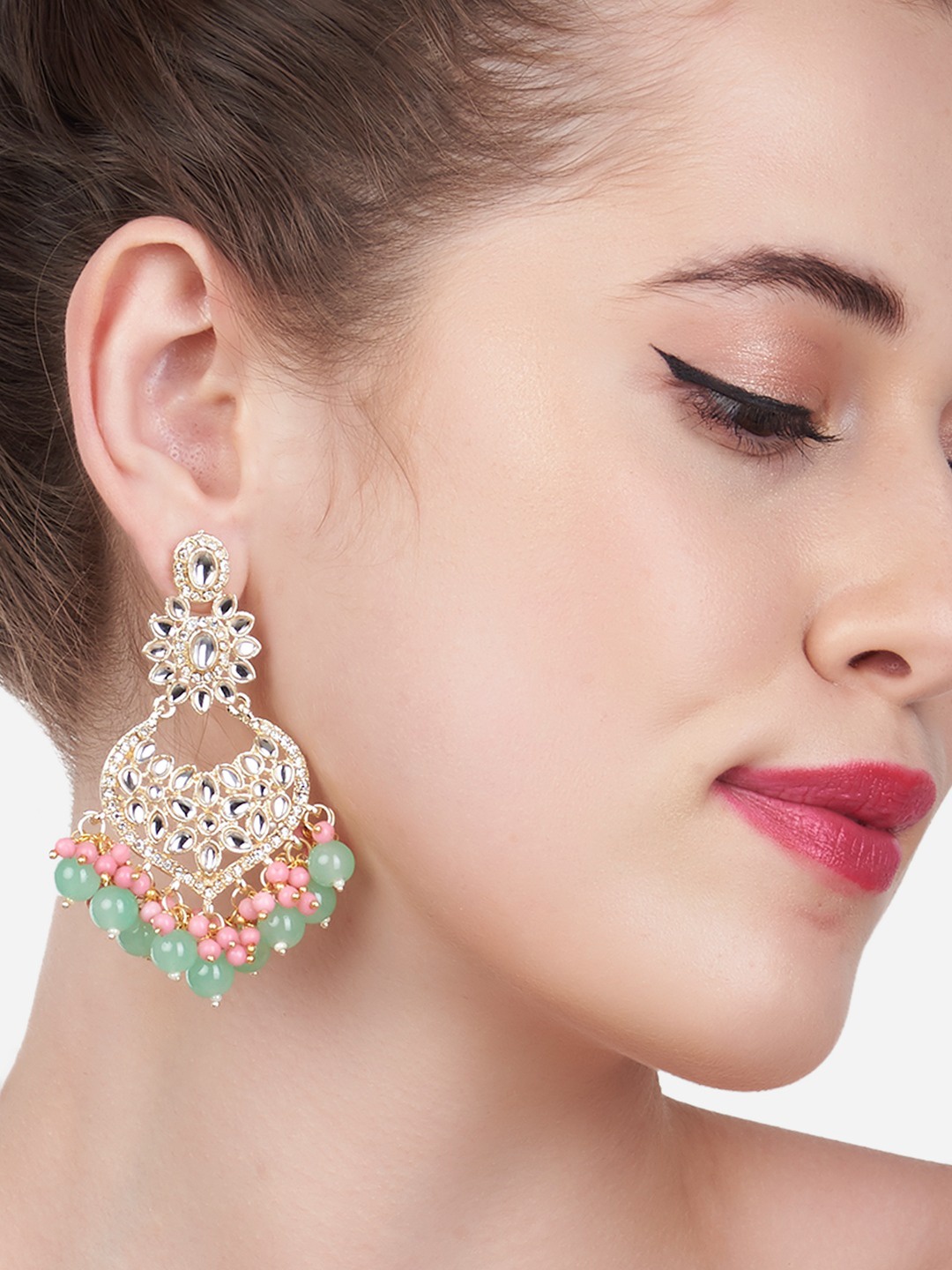 

Zaveri Pearls Green & Pink Kundan Studded Drop Earrings