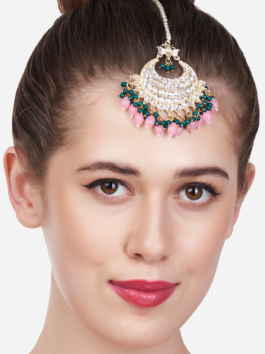 

Zaveri Pearls Gold-Plated Pink, Green & White Stone Studded & Beaded Maang Tikka