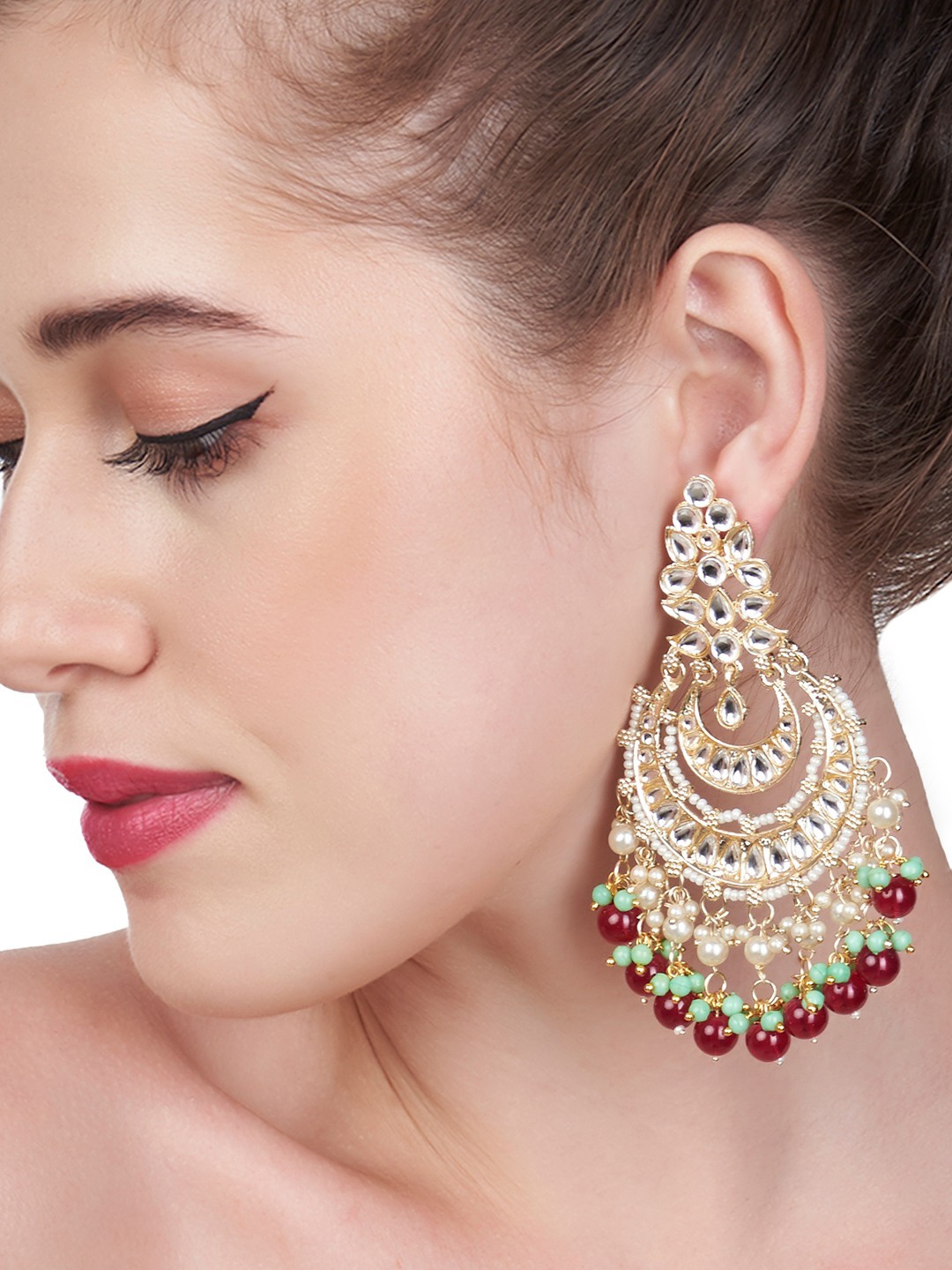 

Zaveri Pearls Red & Green Kundan Studded Chandbalis Earrings, Gold