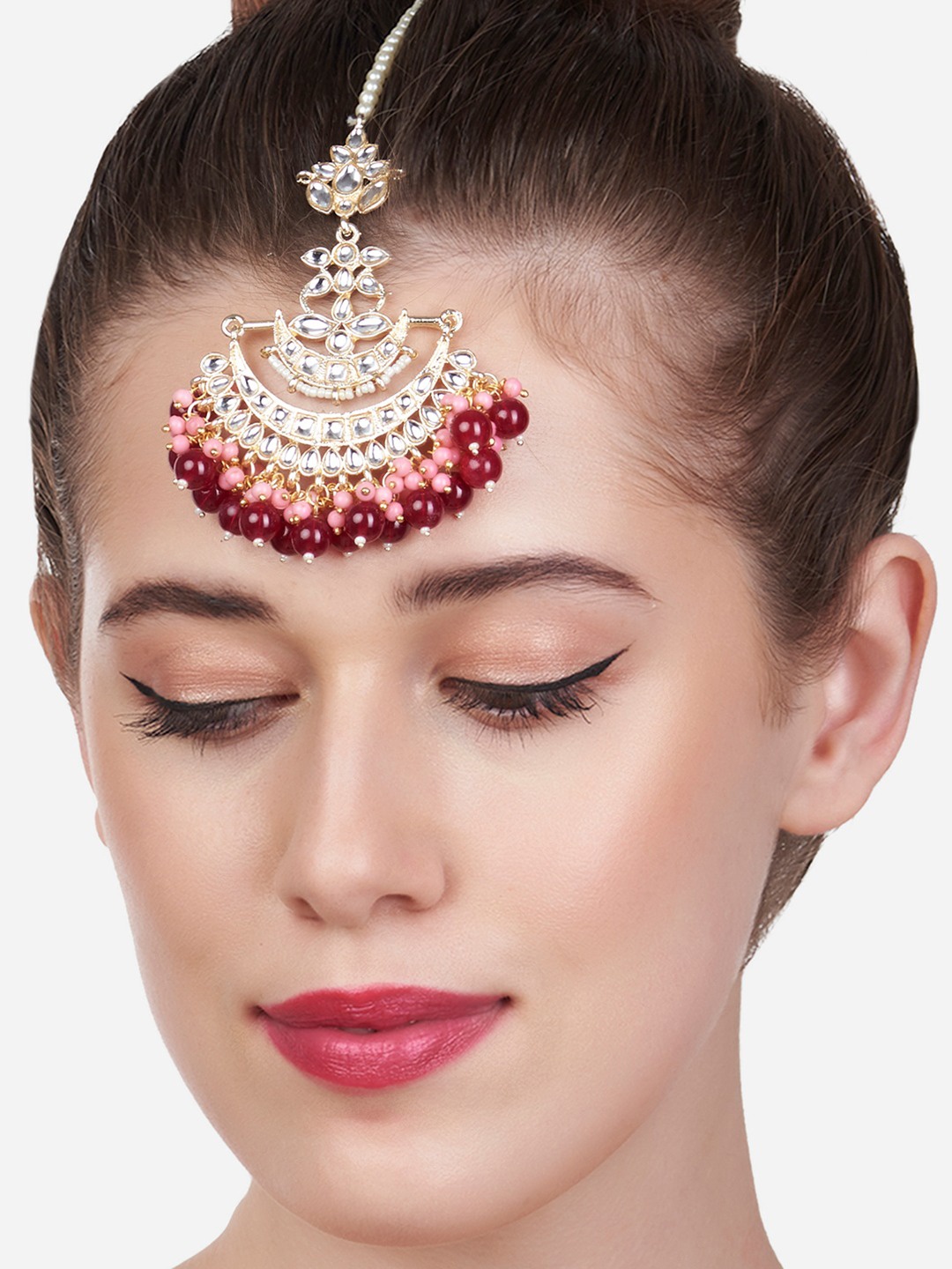 

Zaveri Pearls Gold-Plated Pink & Maroon Stone Studded & Beaded Maang Tikka