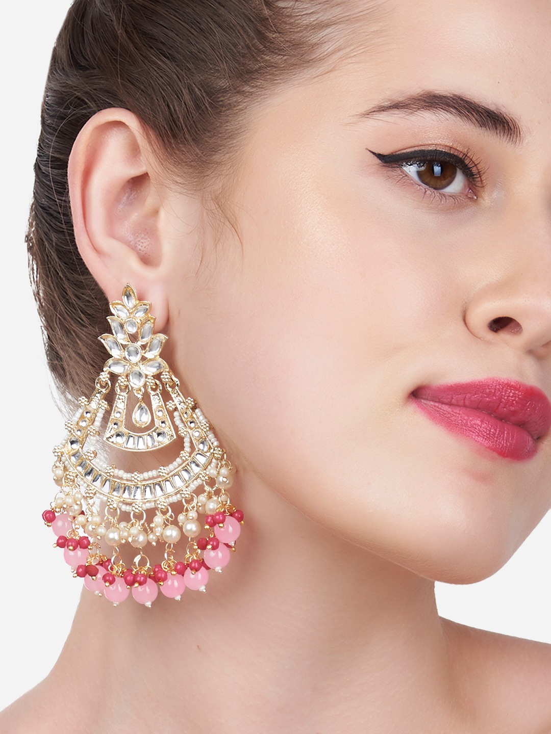 

Zaveri Pearls Pink Kundan Studded Chandbalis Earrings
