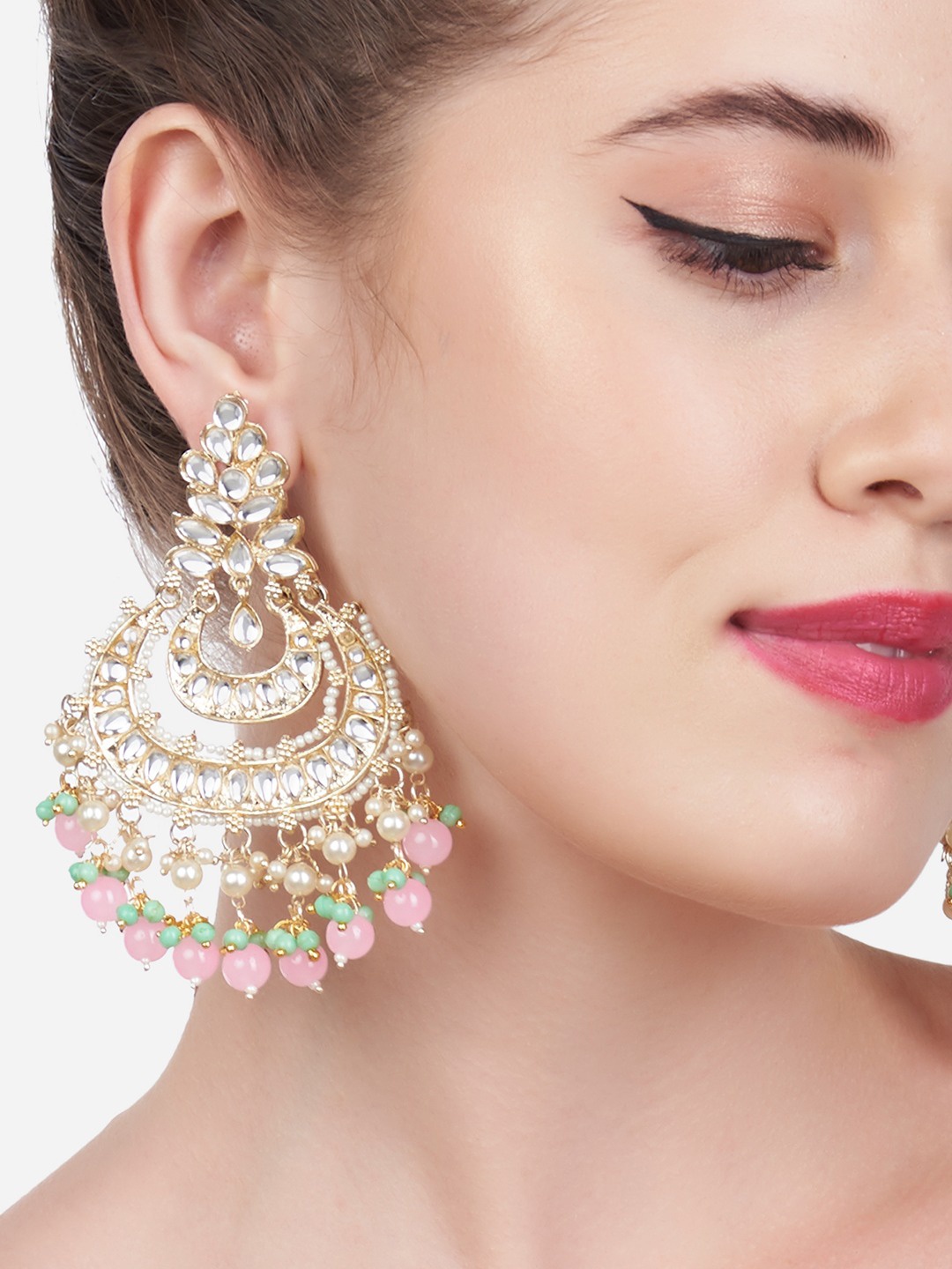 

Zaveri Pearls Green & Pink Kundan Studded Chandbalis Earrings