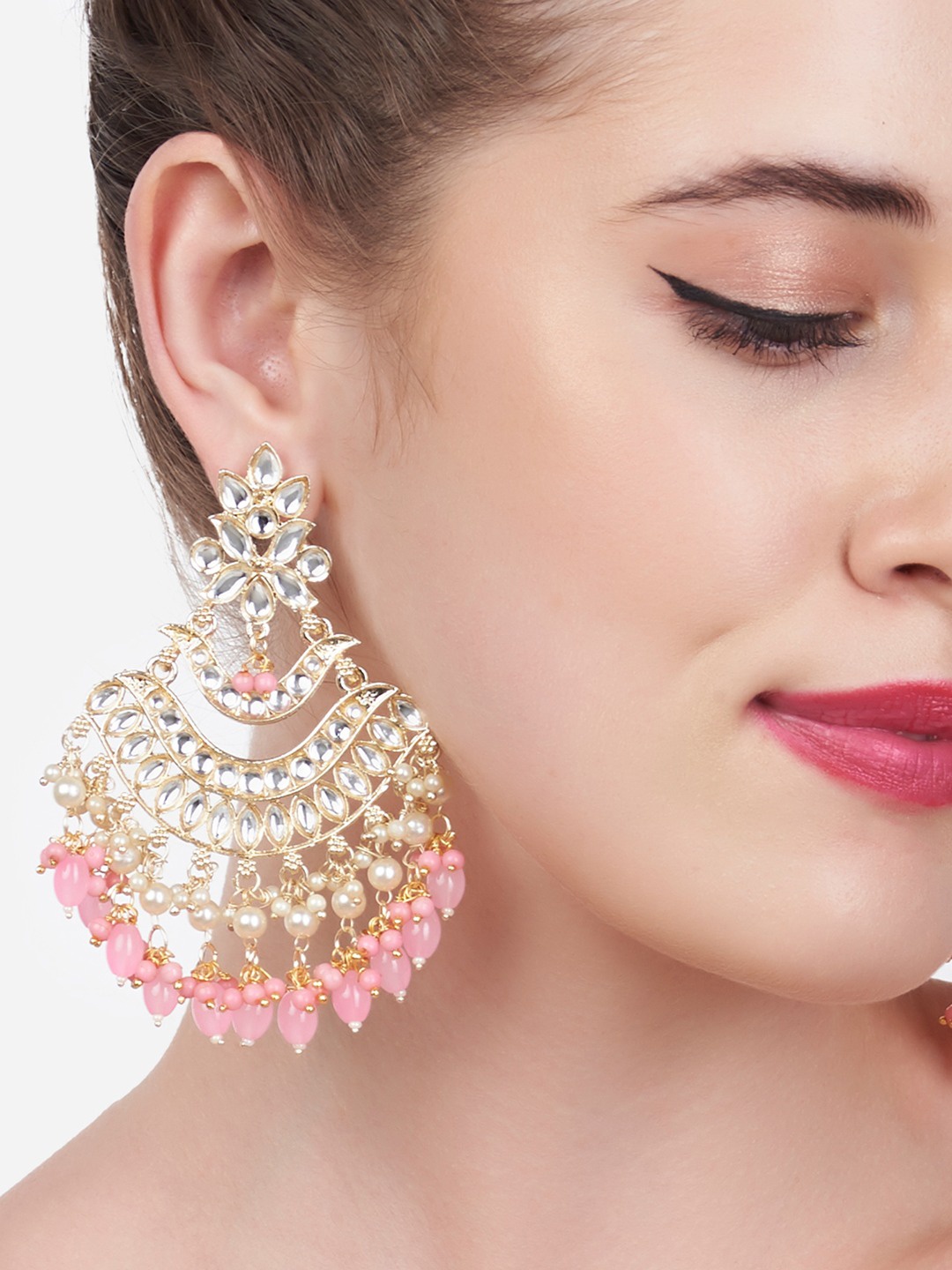 

Zaveri Pearls Pink Kundan Studded Chandbalis Earrings