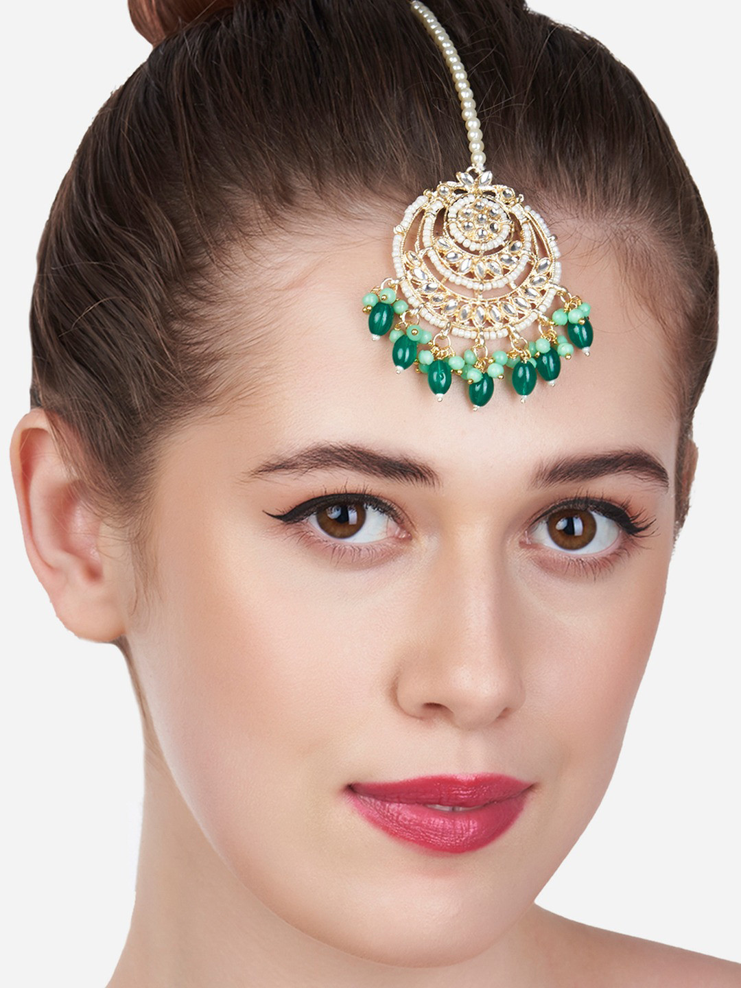 

Zaveri Pearls Gold-Plated Green & White Stone Studded & Beaded Maang Tikka