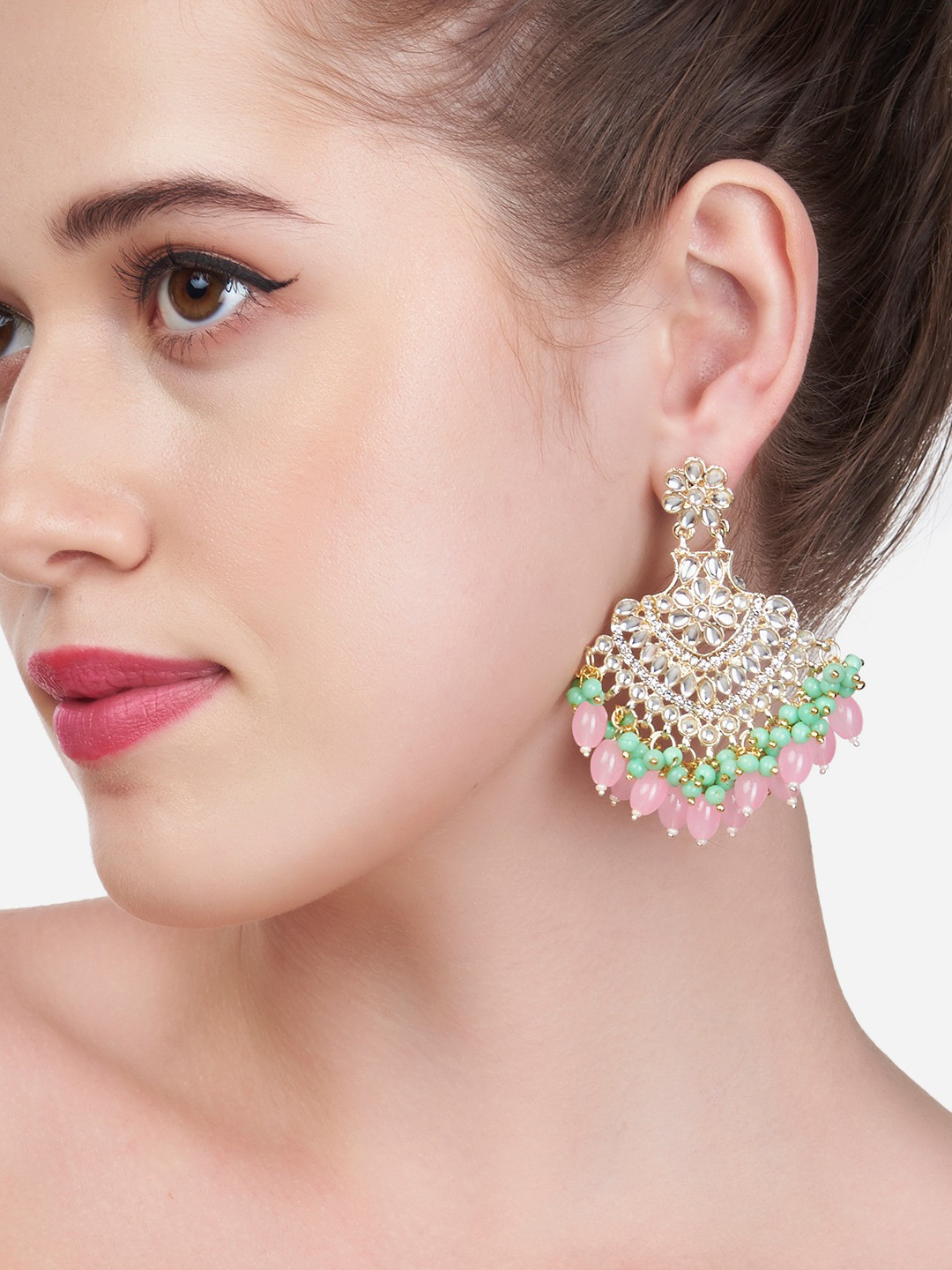 

Zaveri Pearls Green & Pink Kundan Studded Drop Earrings