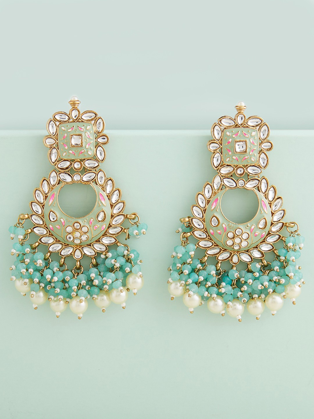 

Zaveri Pearls Green & Pink Meenakari Chandbalis Earrings