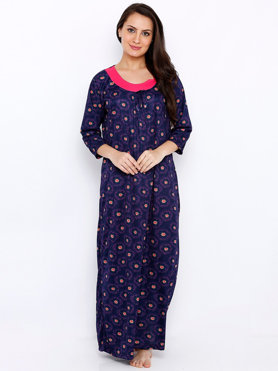 

Pretty Awesome Navy Blue & Pink Printed Maxi Nightdress