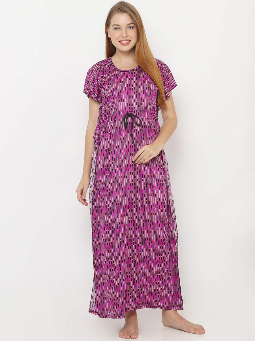 

Pretty Awesome Women Purple Printed Kaftan Maxi Nightdress