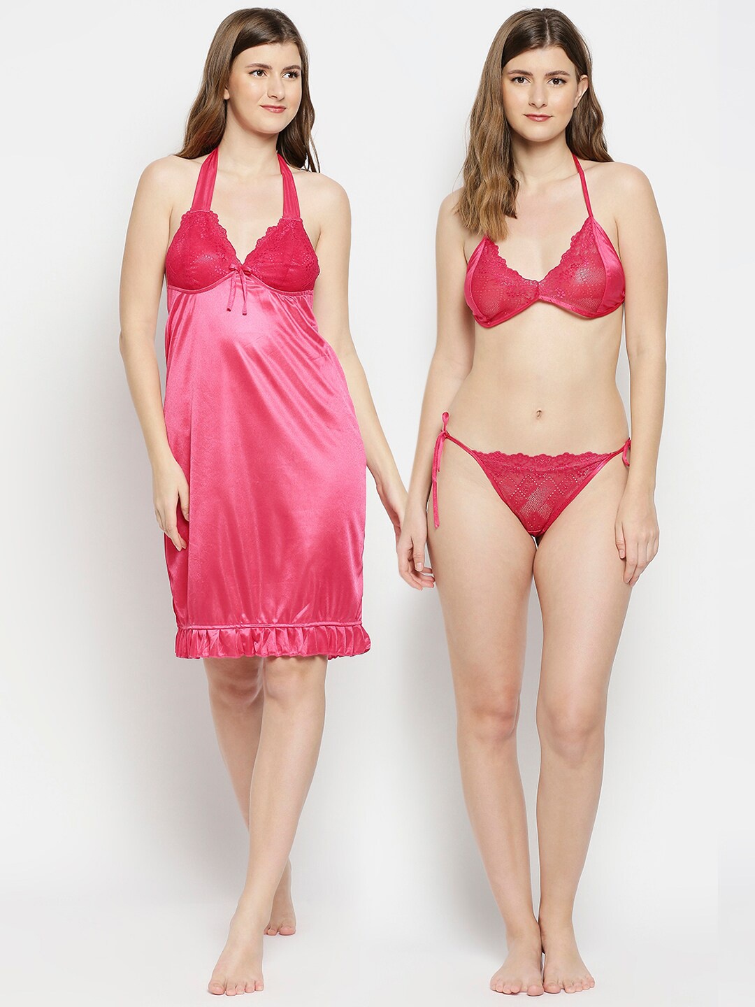 

Pretty Awesome Women Pink 4 Pieces Satin Nightdress