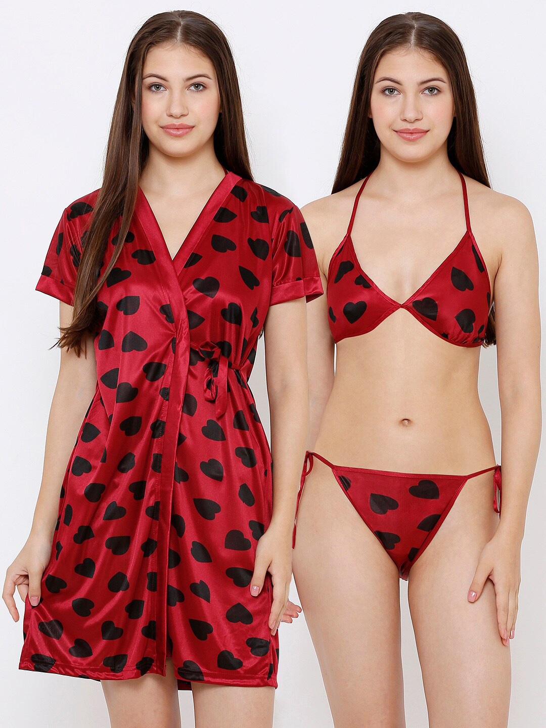 

Pretty Awesome Maroon & Black Printed Baby Doll With Robe