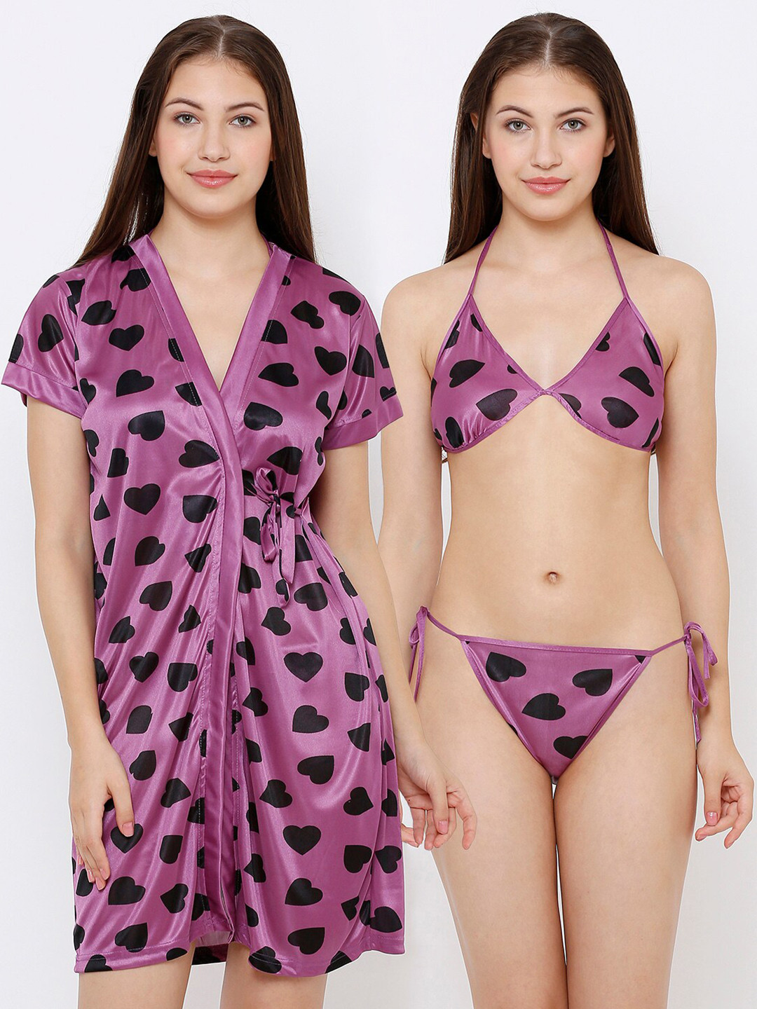 

Pretty Awesome Women Purple 3 Pieces Satin Printed Nightdress