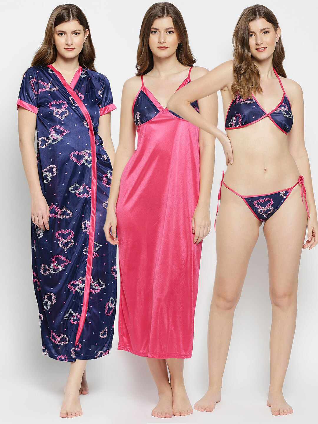 

Pretty Awesome Women Blue & Pink 3 Pieces Satin Printed Maxi Nightdress