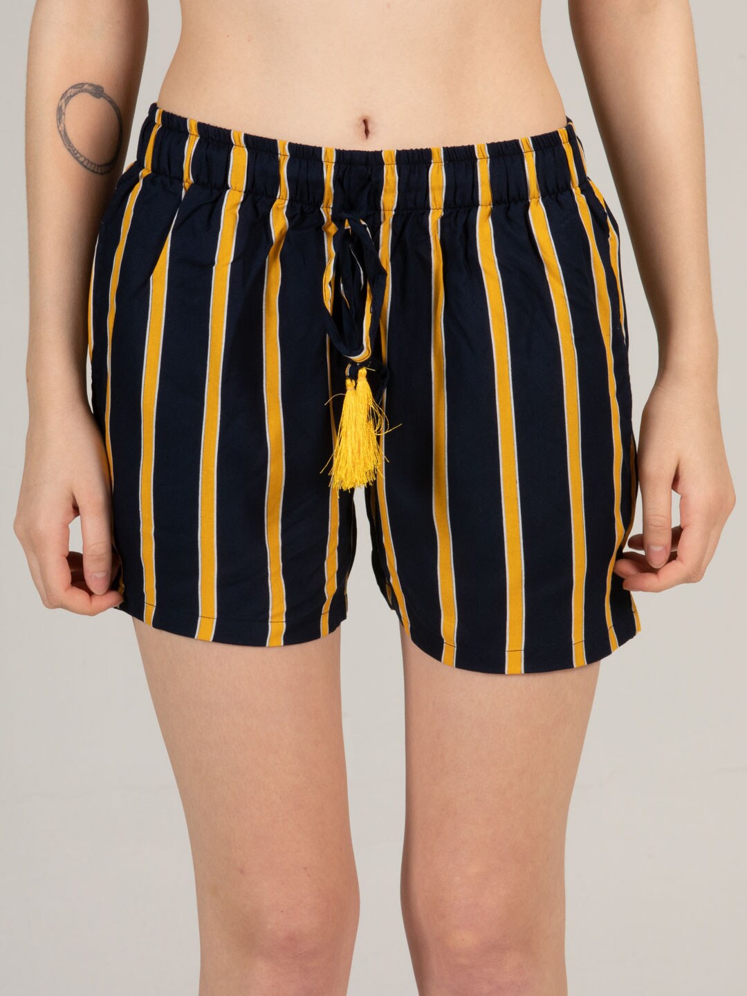 

evolove Women Black & Mustard Yellow Striped Lounge Shorts